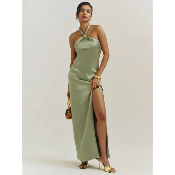 Reformation Kavi Satin Dress Artichoke - Picture 2 of 13